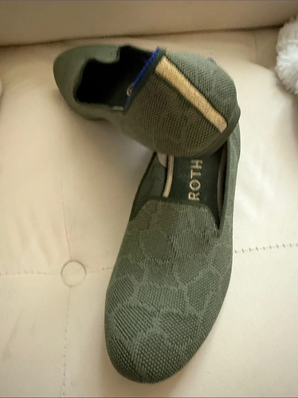 Rothy's Olive Green Knit Slip-On Flats with Blue Trim
